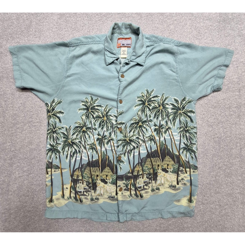 Vintage Bugle Boy Shirt Mens L Blue Rayon Tropical Beach Scenic Print Hawaiian